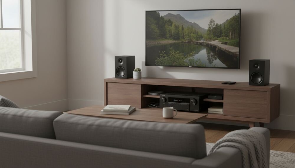 DENON AVR-X2900H DAB amplituner 7.2 Dolby Atmos DTS:X konfiguracja 5.2.2 i przestrzenny dźwięk kina domowego, amplituner stojący na komodzie w pomieszczeniu