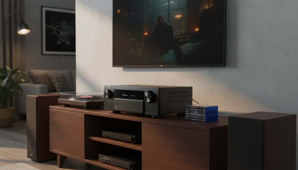 DENON AVR-X2900H DAB amplituner HDMI 4K 120 Hz 8K HDR VRR ALLM AMD FreeSync do telewizora i konsoli, amplituner stojący na komodzie w pomieszczeniu