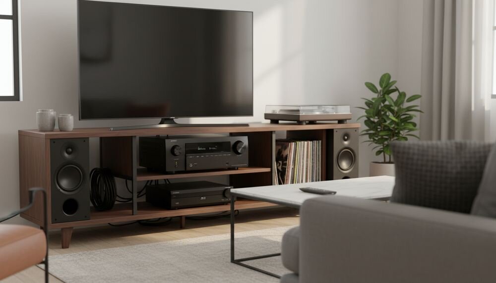 DENON AVR-X2900H DAB amplituner kina domowego 6 wejść HDMI 2 wyjścia HDMI USB-A LAN wejścia optyczne i pre-out, amplituner stojący na komodzie w pomieszczeniu