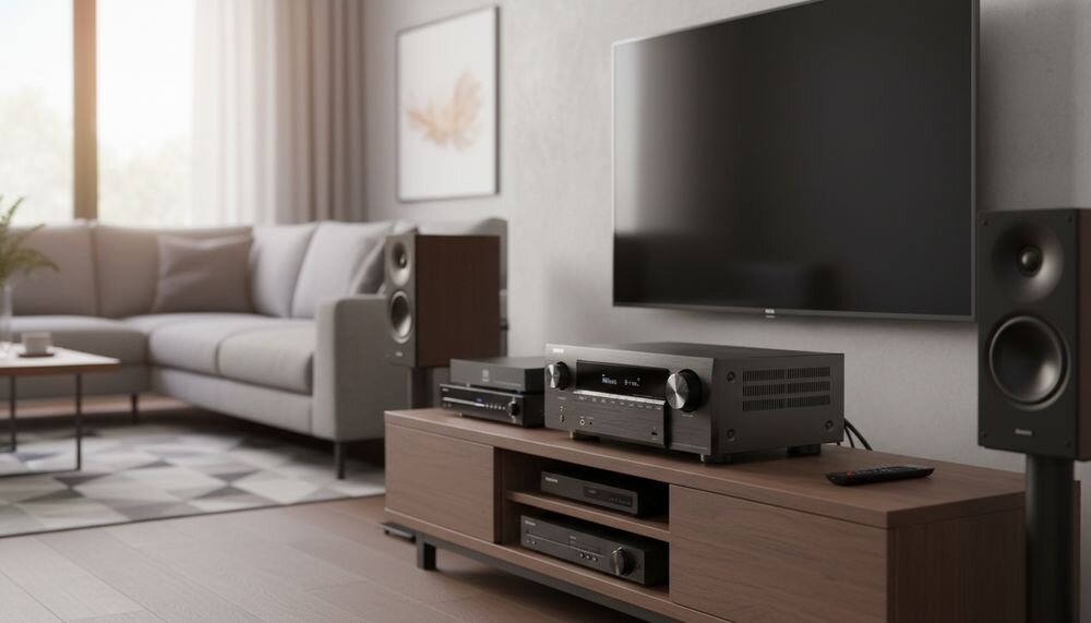 DENON AVR-X2900H DAB amplituner 7-kanałowy moc 95 W na kanał impedancja głośników 6–8 Ω i technologia 70% Power Guarantee, amplituner stojący na komodzie w pomieszczeniu