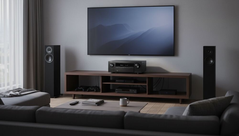 DENON AVR-X2900H DAB amplituner Audyssey MultEQ XT Dynamic EQ Dynamic Volume mikrofon kalibracyjny i opcjonalny Dirac Live, amplituner stojący na komodzie w pomieszczeniu
