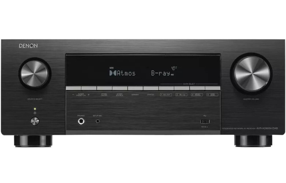 DENON AVR-X2900H DAB amplituner HEOS MultiRoom Spotify Connect TIDAL Connect Amazon Music i bezprzewodowe głośniki Denon Home, amplituner na białym tle