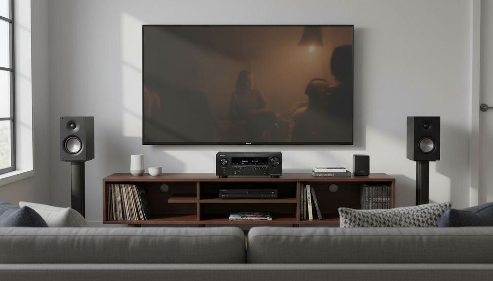 DENON AVR-S980H amplituner 7.2 Dolby Atmos DTS:X DTS Neural:X i dźwięk przestrzenny do kina domowego, amplituner na szafce w pomieszczeniu