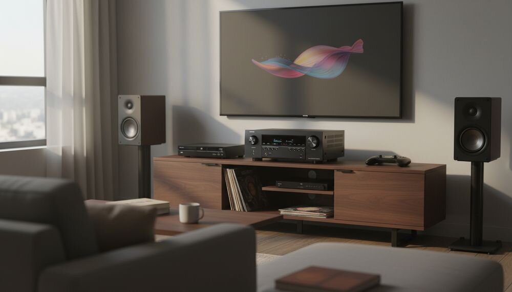DENON AVR-S980H amplituner HDMI 8K 4K 6 wejść 2 wyjścia Dolby Vision HDR10+ HLG i eARC, amplituner na szafce w pomieszczeniu