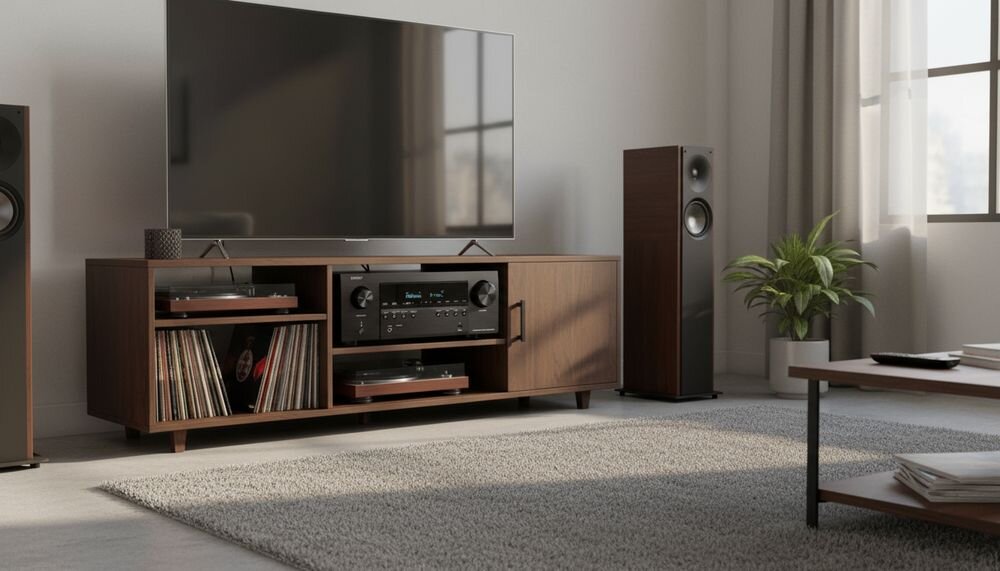 DENON AVR-S980H amplituner do konsoli VRR ALLM AMD FreeSync obraz 4K i ograniczenie opóźnień, amplituner na szafce w pomieszczeniu