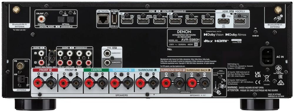 DENON AVR-S980H amplituner Bluetooth Wi-Fi AirPlay 2 DLNA USB-A LAN radio AM FM Zone 2 i złącza audio, amplituner na białym tle