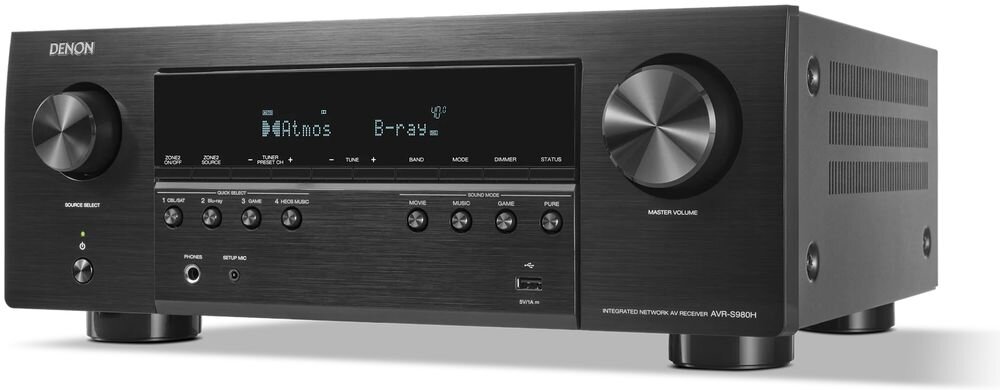 DENON AVR-S980H amplituner kina domowego technologia 70% Power Guarantee Dolby TrueHD wymiary 43,4 × 16,7 × 34,1 cm masa 9,5 kg, amplituner na białym tle