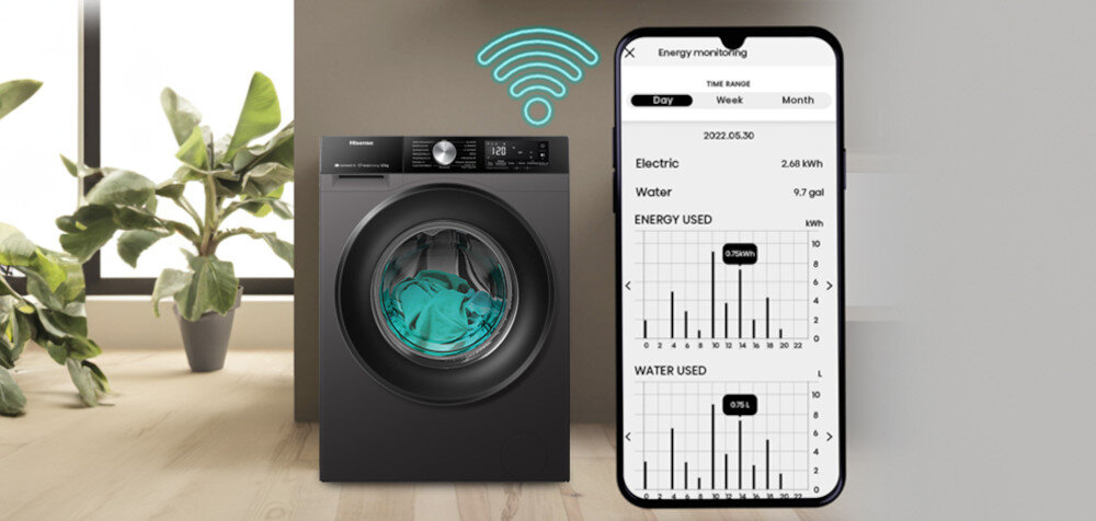 Na obrazie znajduje się pralko-suszarka z widocznym bębnem, obok której jest smartfon z aplikacją pokazującą monitorowanie energii i zużycia wody. W tle widać rośliny doniczkowe, a nad urządzeniem znajduje się symbol Wi-Fi.