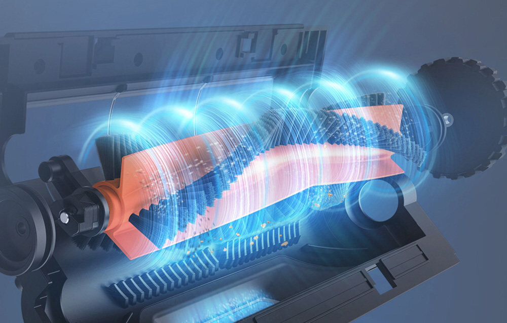 Obraz przedstawia wizualizację technologii czyszczenia robota sprzątającego z wirującą szczotką i efektami świetlnymi symbolizującymi przepływ powietrza. W tle widoczne są elementy konstrukcyjne urządzenia.