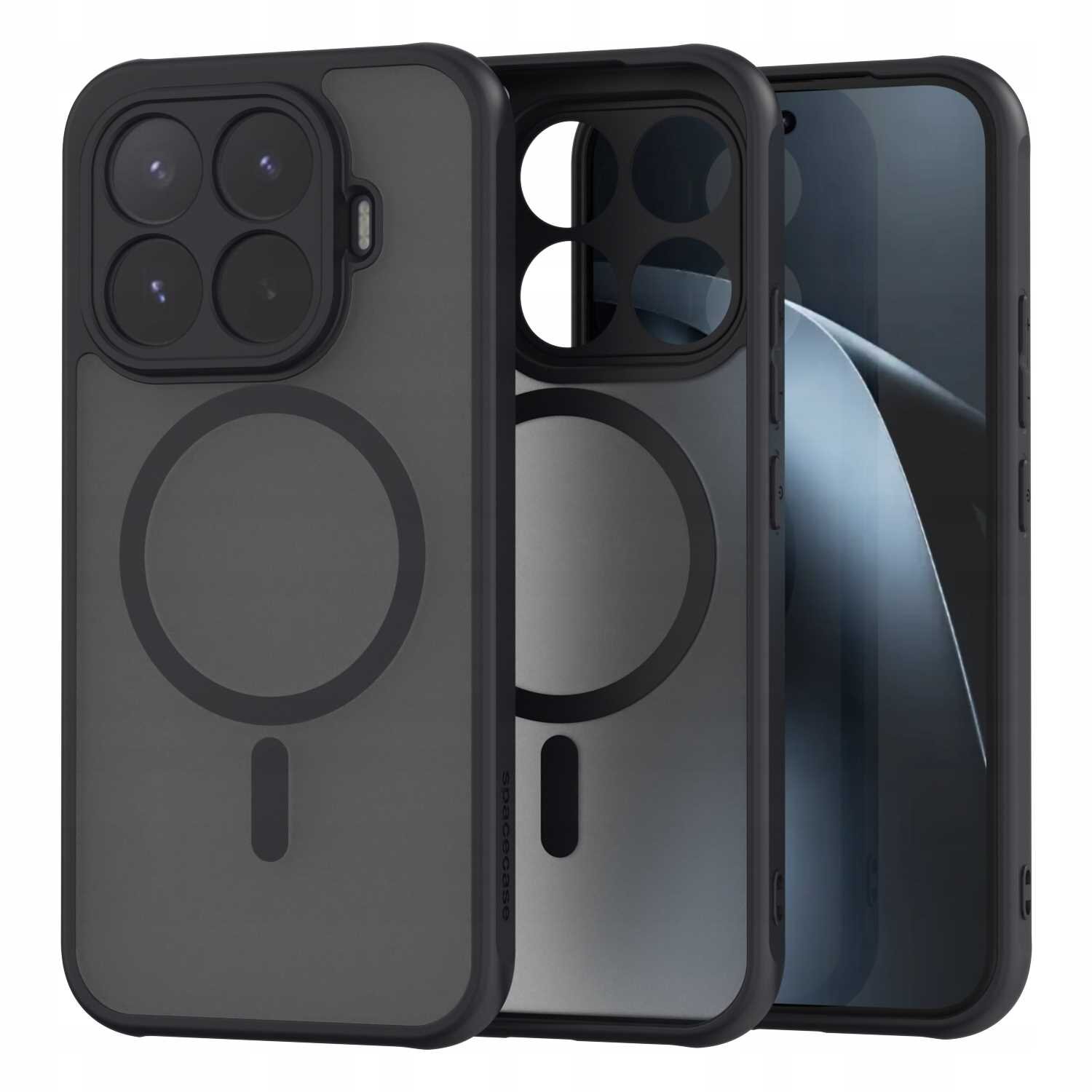 Obraz przedstawia czarne etui magnetyczne z okrągłym wzorem na tylnej części, przeznaczone do telefonu. Na etui widoczny jest napis \'SPACECASE\'.