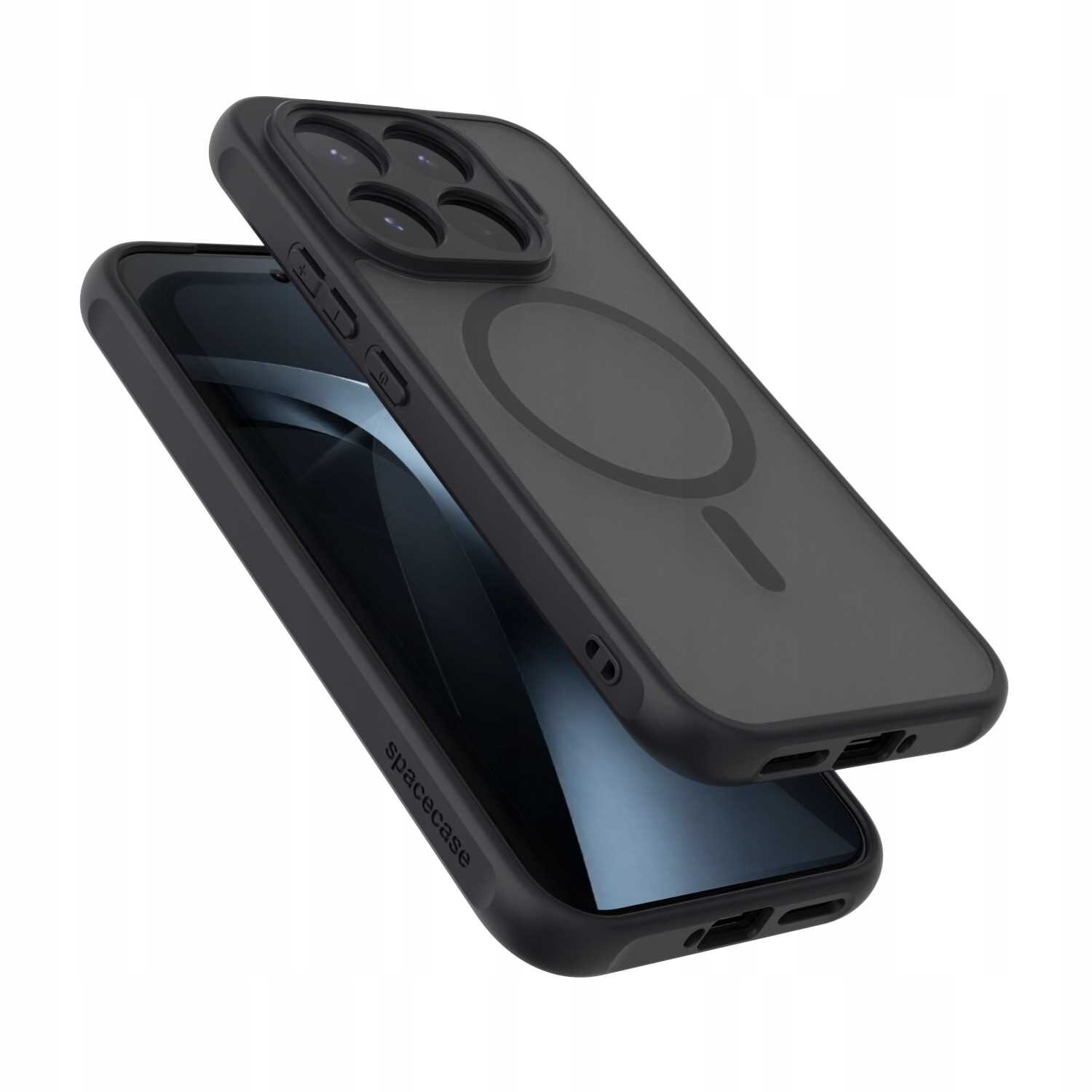 Czarne etui magnetyczne do telefonu z widocznym logo \'spacecase\' i okrągłym wzorem na tylnej części. Etui jest przeznaczone do telefonu z trzema aparatami w górnym rogu.