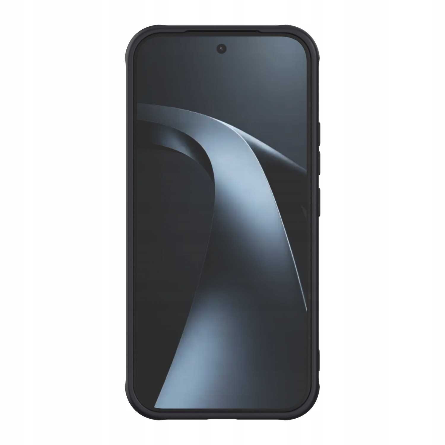 Na obrazie widoczny jest smartfon w czarnym etui, z wyświetlaczem pokazującym abstrakcyjny wzór w odcieniach szarości. Etui ma zaokrąglone krawędzie i wycięcia na przyciski boczne.