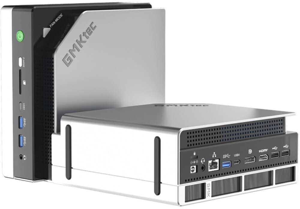 Komputer GMKTEC EVO-X2 Zbliżenie na fragment obudowy komputera z widocznymi portami USB4, USB i gniazdem słuchawkowym, porty, gniazda, podłączenie