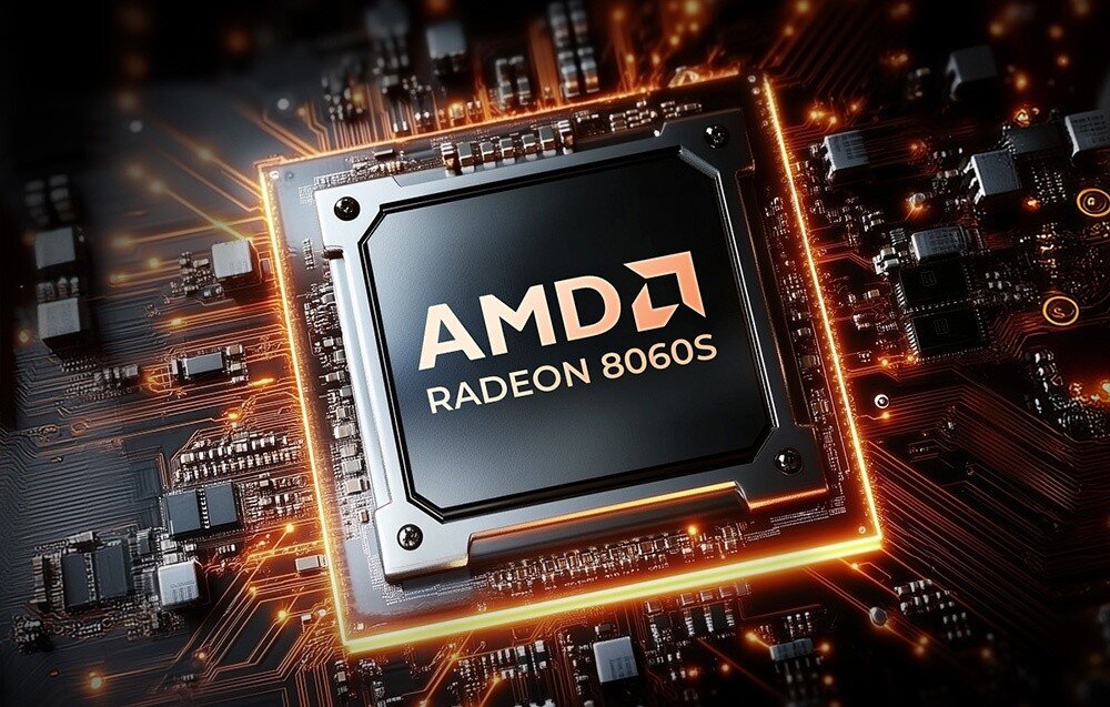 Komputer GMKTEC EVO-X2 Zbliżenie na podświetlony układ graficzny z napisem 'AMD Radeon 8060S' na płycie głównej, karta graficzna, architektura, jednostki obliczeniowe