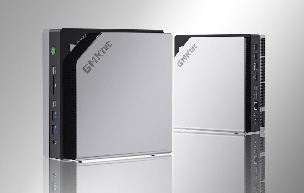 Komputer GMKTEC EVO-X2 Dwa komputery w srebrno-czarnych obudowach stojące obok siebie na jasnym tle, pamięć RAM, taktowanie, technologia