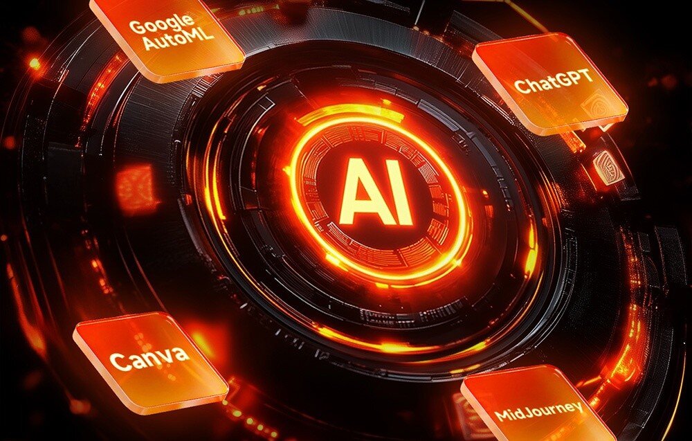 Komputer GMKTEC EVO-X2 Grafika z napisem 'AI' w centrum, otoczonym elementami z napisami 'Google AutoML', 'ChatGPT', 'MidJourney' i 'Canva', sztuczna inteligencja, wydajność, zastosowanie