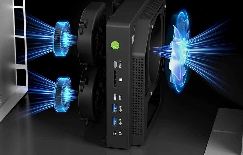 Komputer GMKTEC EVO-X2 Wizualizacja chłodzenia komputera z trzema wentylatorami generującymi strumień powietrza zaznaczony na niebiesko, chłodzenie, wentylacja, temperatura, podświetlenie