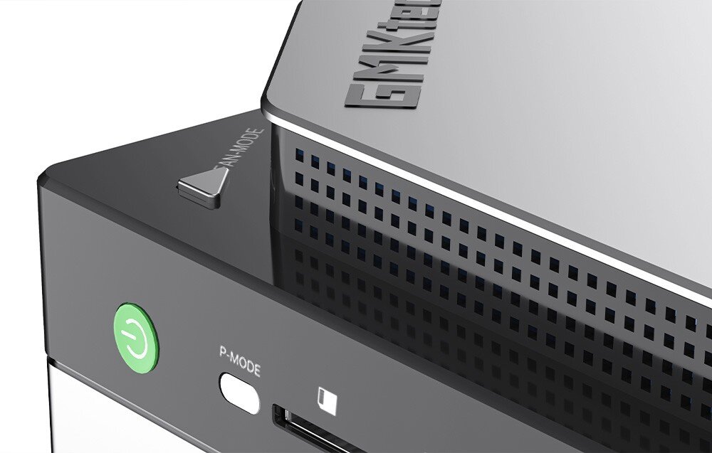 Komputer GMKTEC EVO-X2 Zbliżenie na przycisk z napisem 'FAN-MODE' na górnej krawędzi obudowy komputera, łączność, Wi-Fi 7, przepustowość, Bluetooth