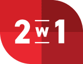 Czerwony symbol z białym napisem \'2 w 1\'.