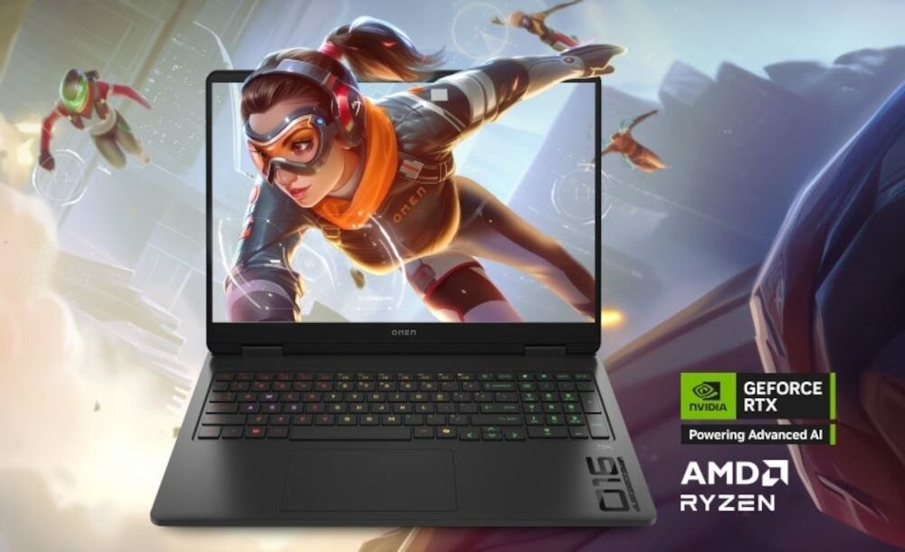 Laptop z kolorową klawiaturą wyświetla dynamiczną grafikę z postacią w goglach. Obok widoczne są loga NVIDIA GeForce RTX i AMD Ryzen.