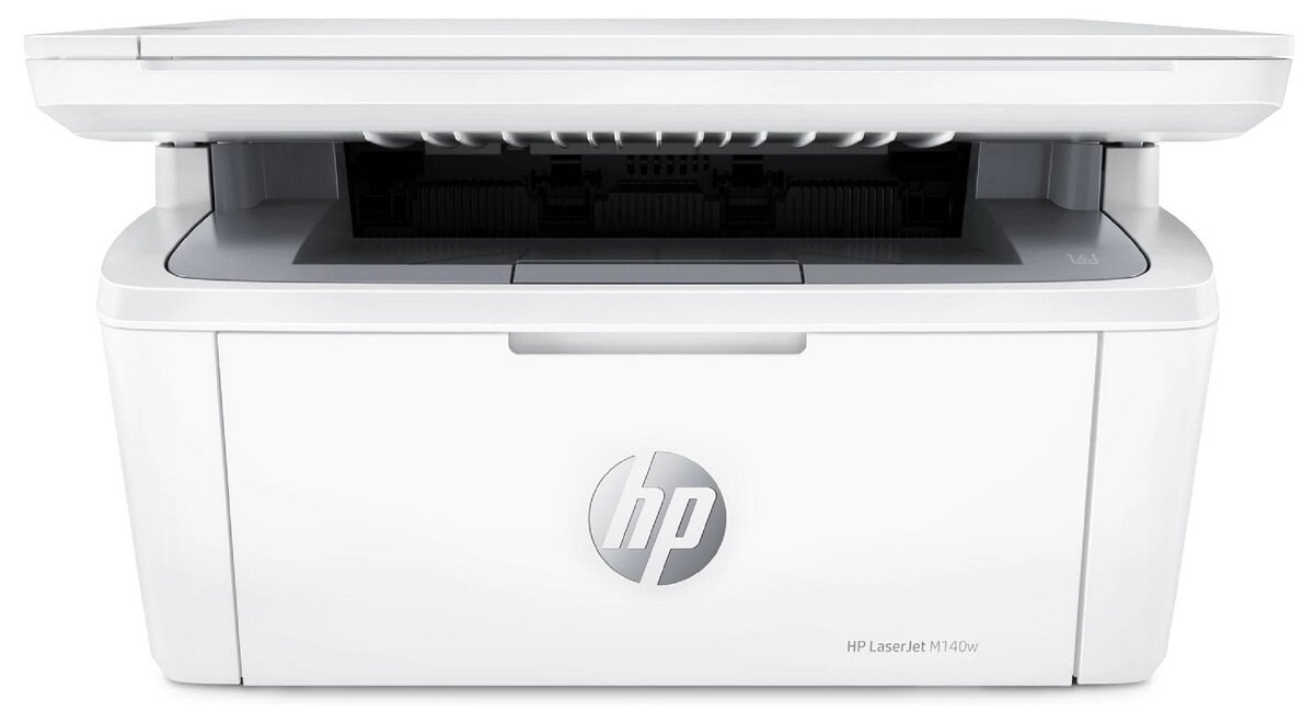 Białe urządzenie wielofunkcyjne z widocznym logo \'hp\' na przednim panelu. Na dolnej części obudowy znajduje się napis \'HP LaserJet M140w\'.