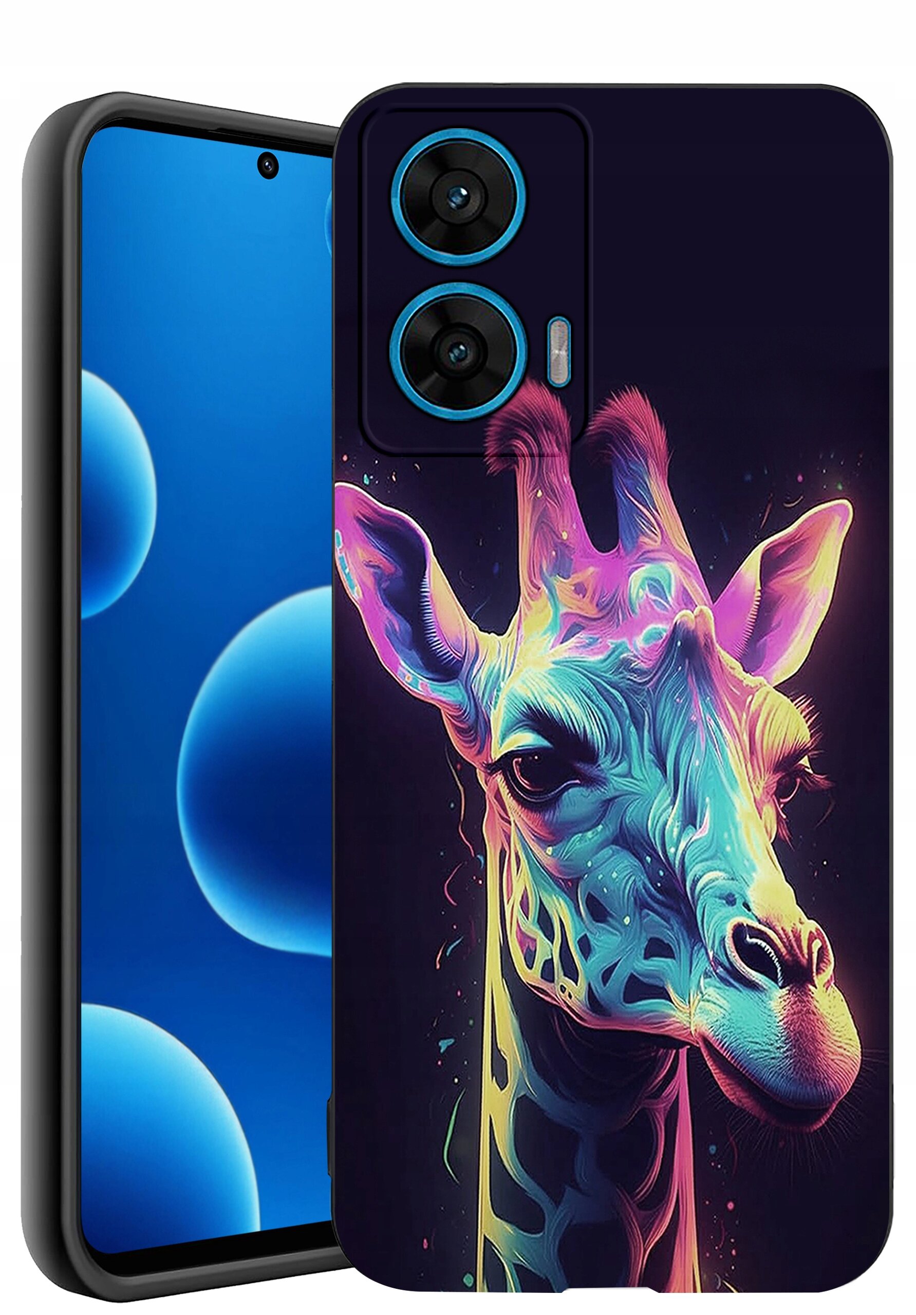 Etui na telefon z kolorowym wzorem żyrafy, wykonane z matowego silikonu. Obok widoczny jest telefon z wyświetlaczem pokazującym niebieskie bąbelki na czarnym tle.