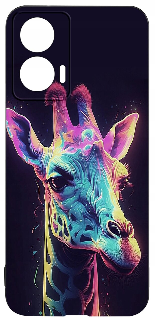 Etui na telefon z kolorowym wzorem przedstawiającym głowę żyrafy w stylu neonowym. Tło jest ciemne, a otwory na aparat są widoczne w górnej części etui.
