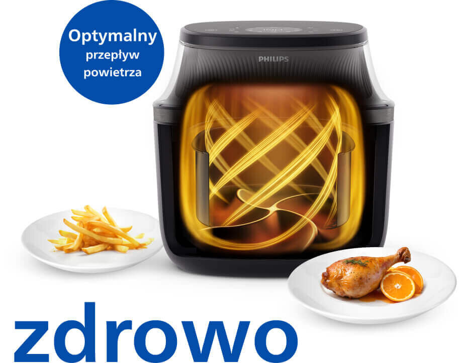 Obraz przedstawia frytkownicę beztłuszczową z widocznym logo PHILIPS oraz efektem przepływu powietrza wewnątrz urządzenia. Obok znajdują się dwa talerze z frytkami i pieczonym udkiem kurczaka, a w górnym rogu widnieje napis \'Optymalny przepływ powietrza\', poniżej duży napis \'zdrowo\'.