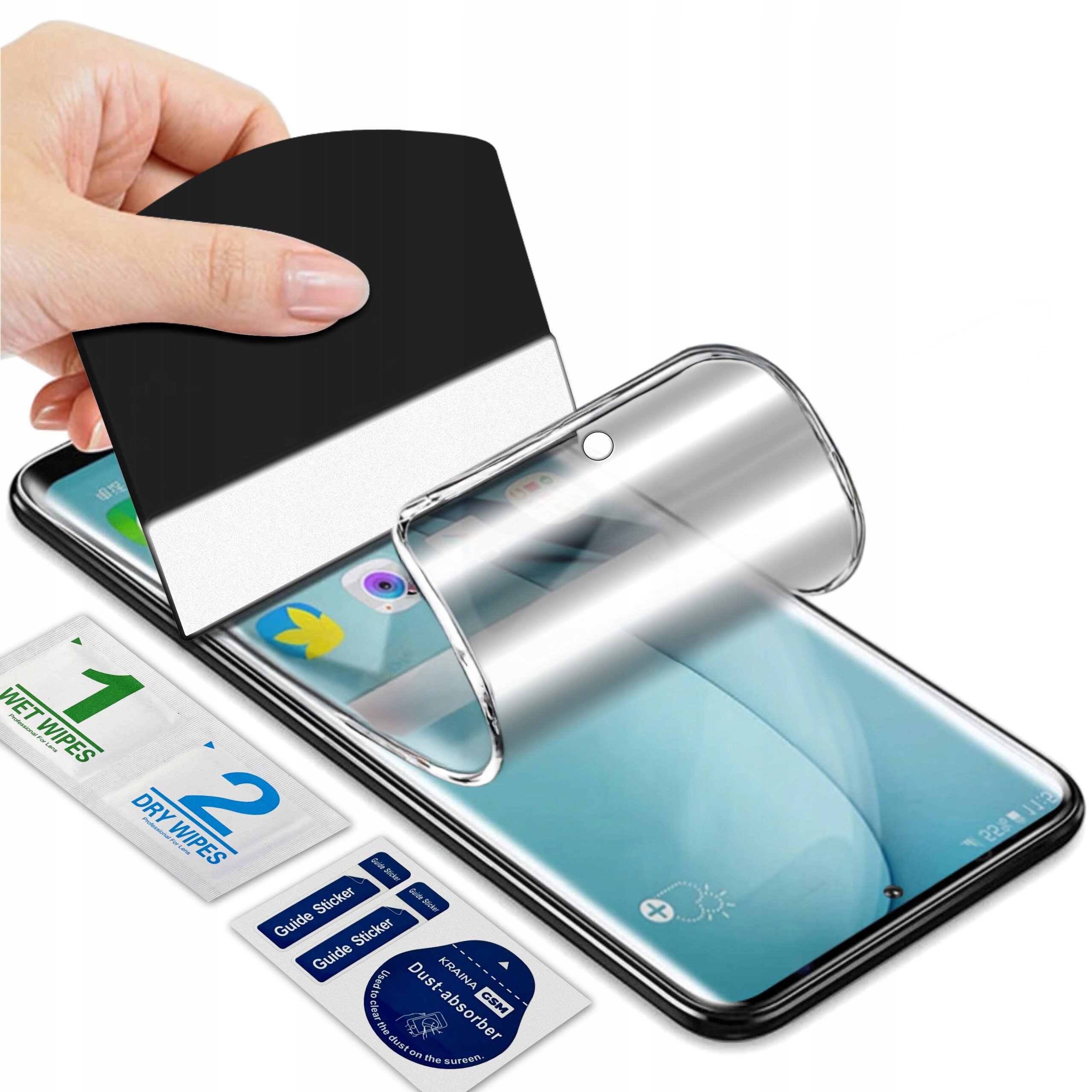 Na obrazie widać telefon z nałożoną folią ochronną, obok znajdują się ściereczki oznaczone jako \'1 WET WIPES\' i \'2 DRY WIPES\', oraz naklejki \'Guide Sticker\' i \'Dust Absorber\'.