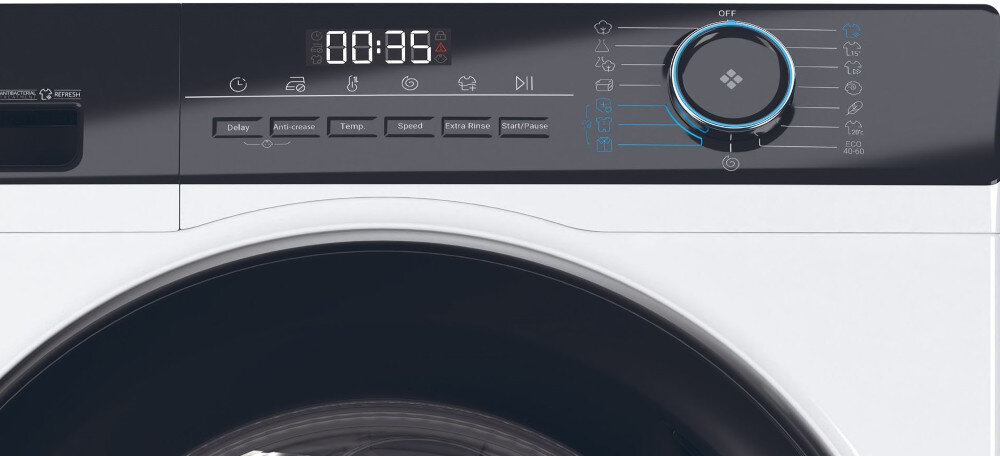 Panel sterowania pralki z wyświetlaczem pokazującym czas 00:35 oraz przyciskami do wyboru opcji takich jak Delay, Anticrease, Temp, Speed, Extra Rinse i Start/Pause.