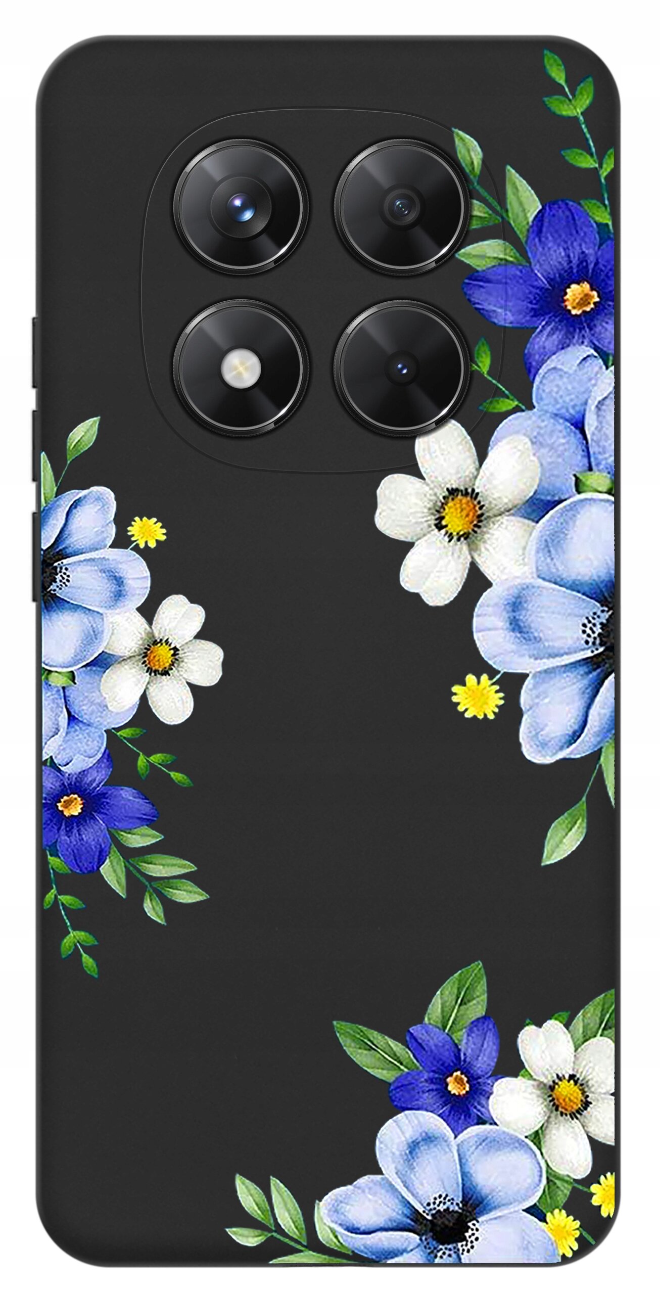 Czarne etui na telefon z kolorowym wzorem kwiatów w odcieniach niebieskiego, białego i żółtego. Etui posiada wycięcia na cztery obiektywy aparatu.
