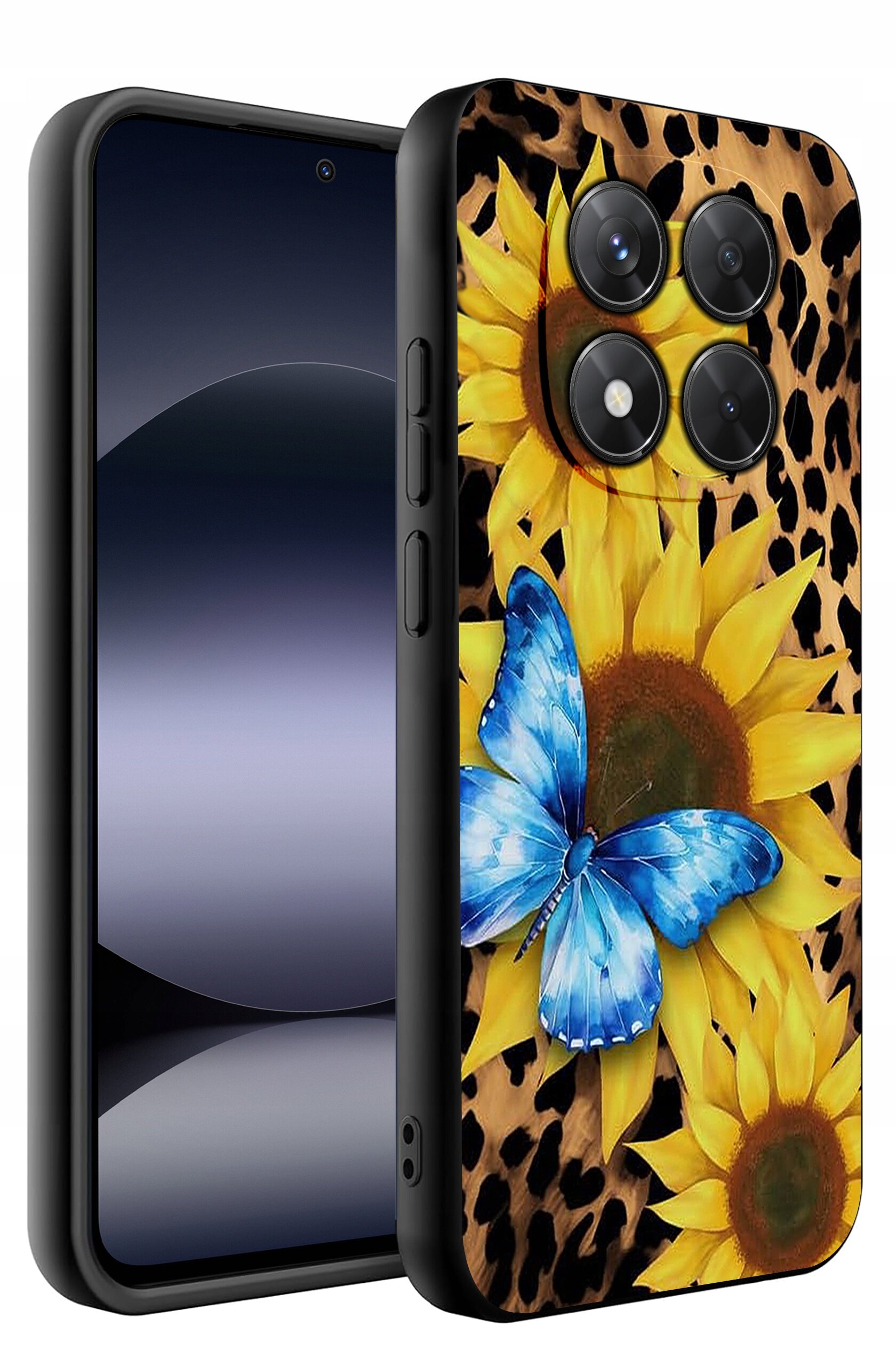 Etui na telefon z motywem słoneczników i niebieskiego motyla na tle w cętki. Etui jest silikonowe i matowe, przeznaczone do Xiaomi Redmi Note 14 Pro+ 5G.