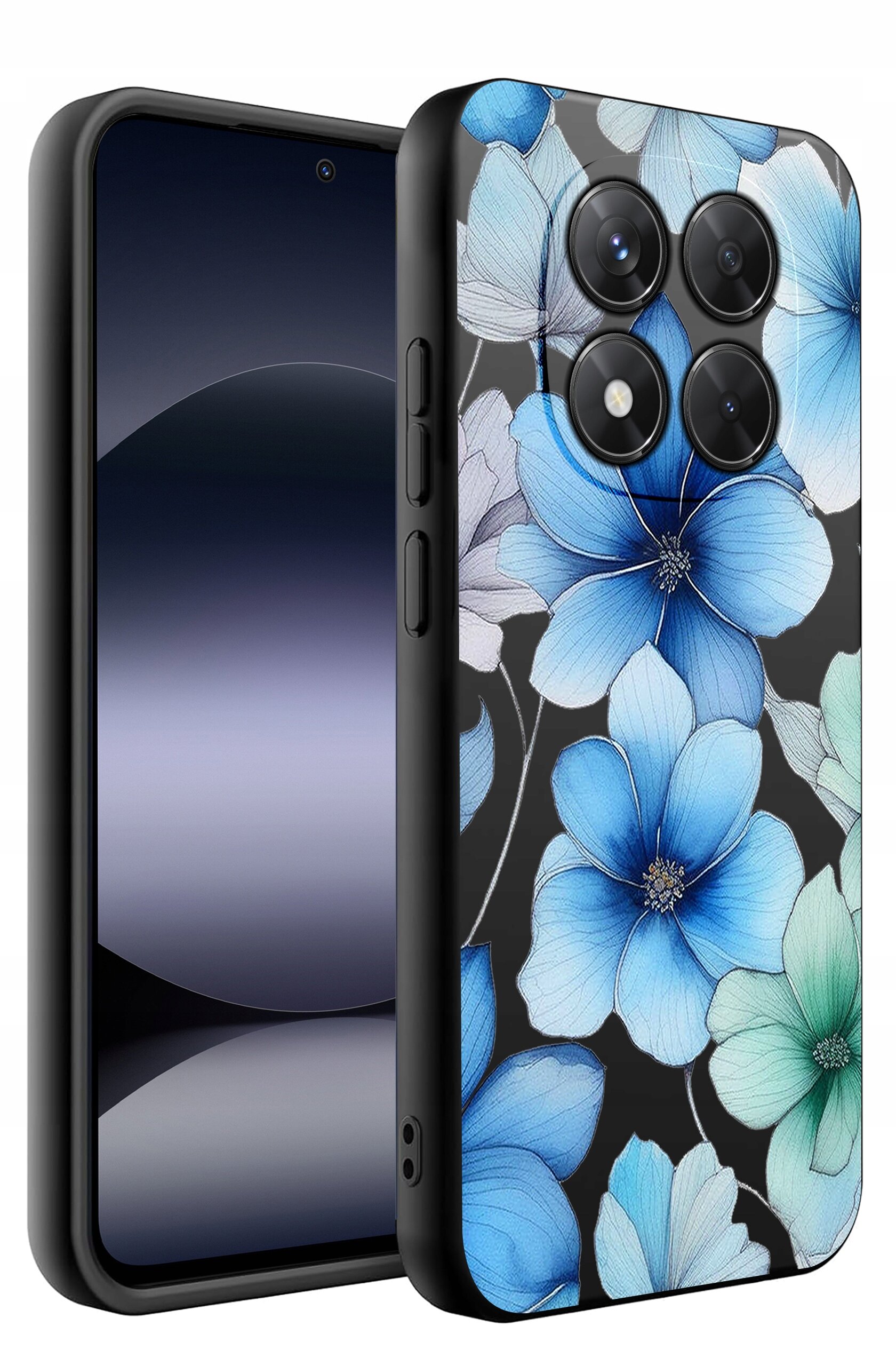 Etui na telefon z wzorem niebieskich i zielonych kwiatów na czarnym tle. Obok widoczny jest telefon z ciemnym ekranem.