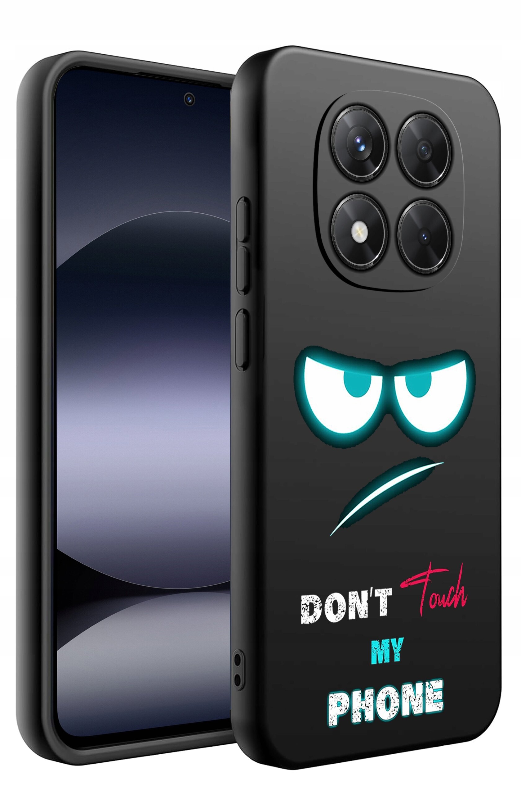 Czarne etui na telefon z nadrukiem przedstawiającym zagniewane oczy i napis \'DON\'T Touch MY PHONE\'. Etui posiada wycięcia na cztery obiektywy aparatu.