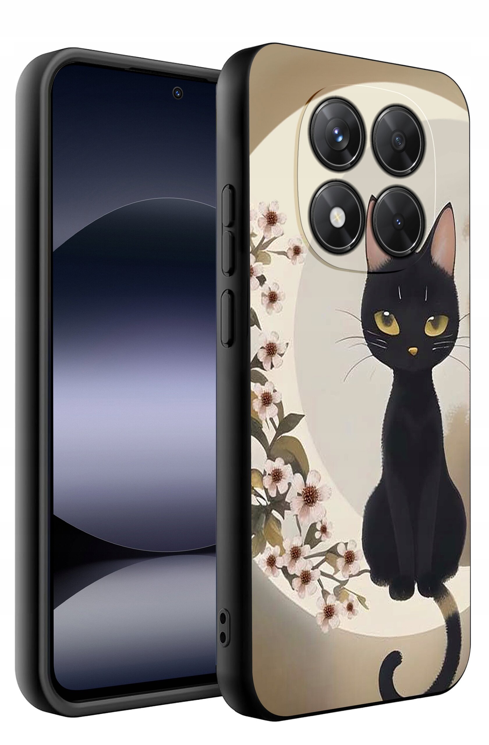 Etui na telefon z nadrukiem czarnego kota siedzącego na tle okręgu z kwiatami. Etui jest silikonowe i matowe, przeznaczone do modelu Xiaomi Redmi Note 14 Pro+ 5G.