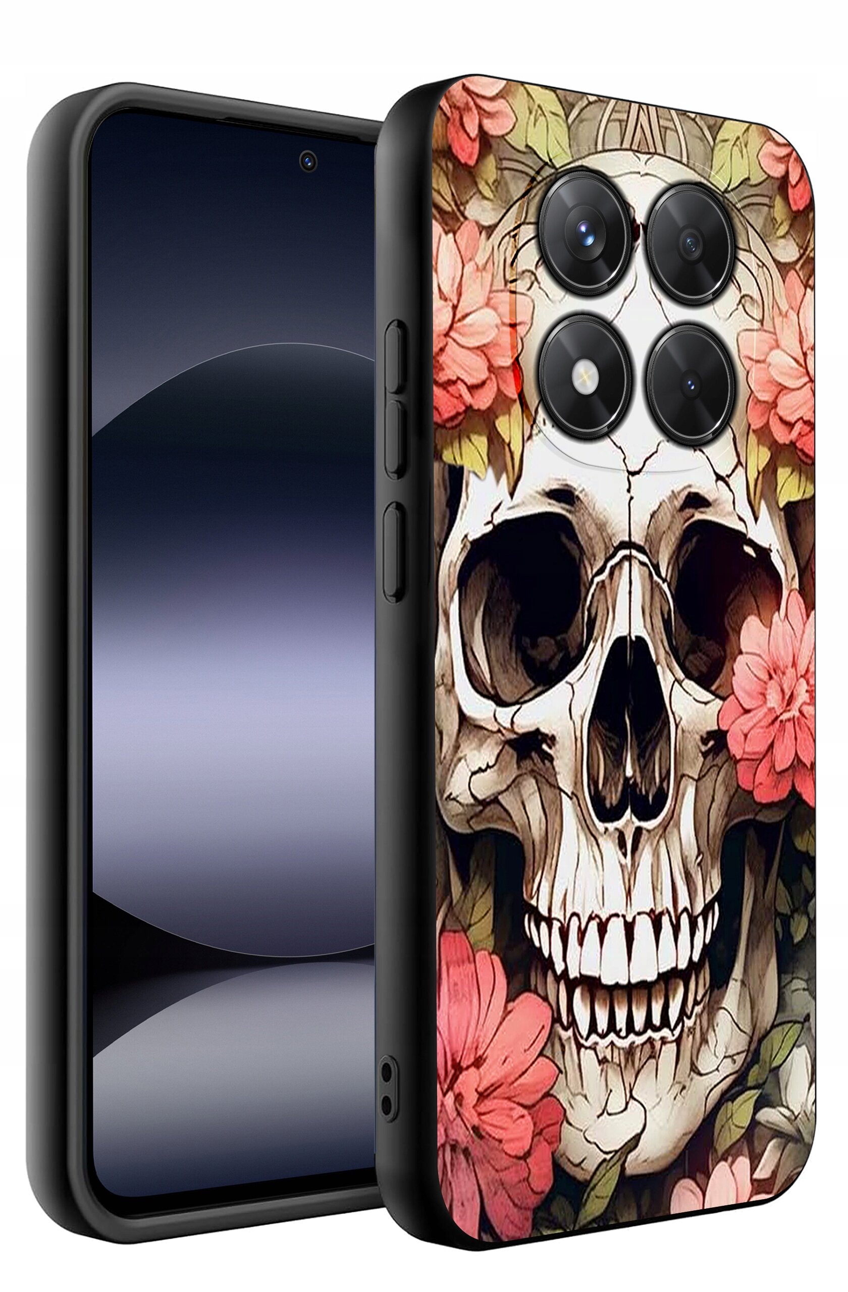 Etui na telefon z motywem czaszki otoczonej czerwonymi kwiatami. Etui jest silikonowe i matowe, przeznaczone do modelu Xiaomi Redmi Note 14 Pro+ 5G.