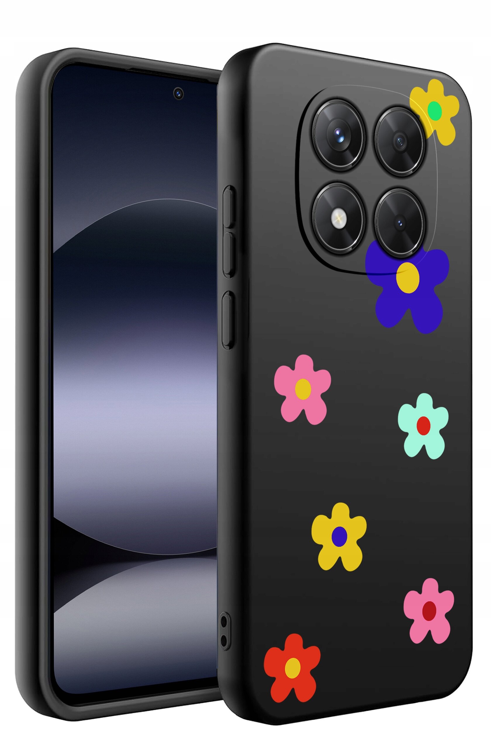 Czarne etui na telefon z kolorowymi kwiatowymi wzorami, przeznaczone dla modelu z czterema obiektywami aparatu. Etui wykonane jest z matowego silikonu.