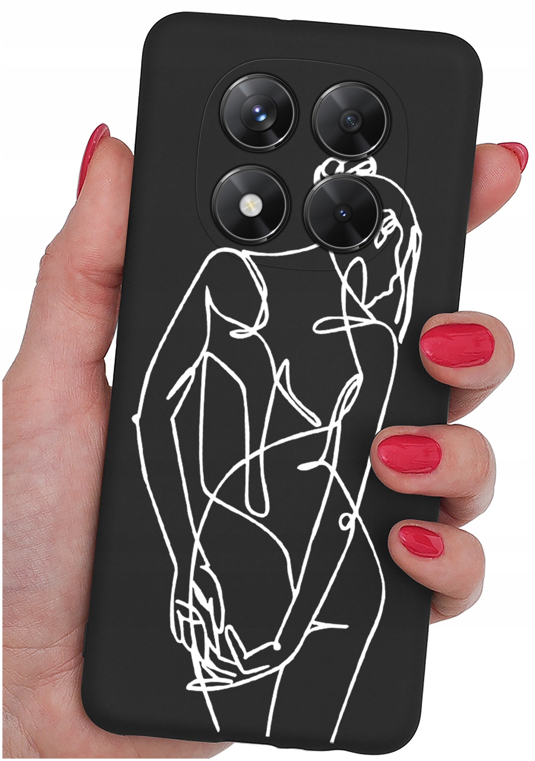 Czarne etui na telefon z białym, abstrakcyjnym wzorem przedstawiającym sylwetkę osoby. Etui trzymane jest w dłoni z pomalowanymi na czerwono paznokciami.