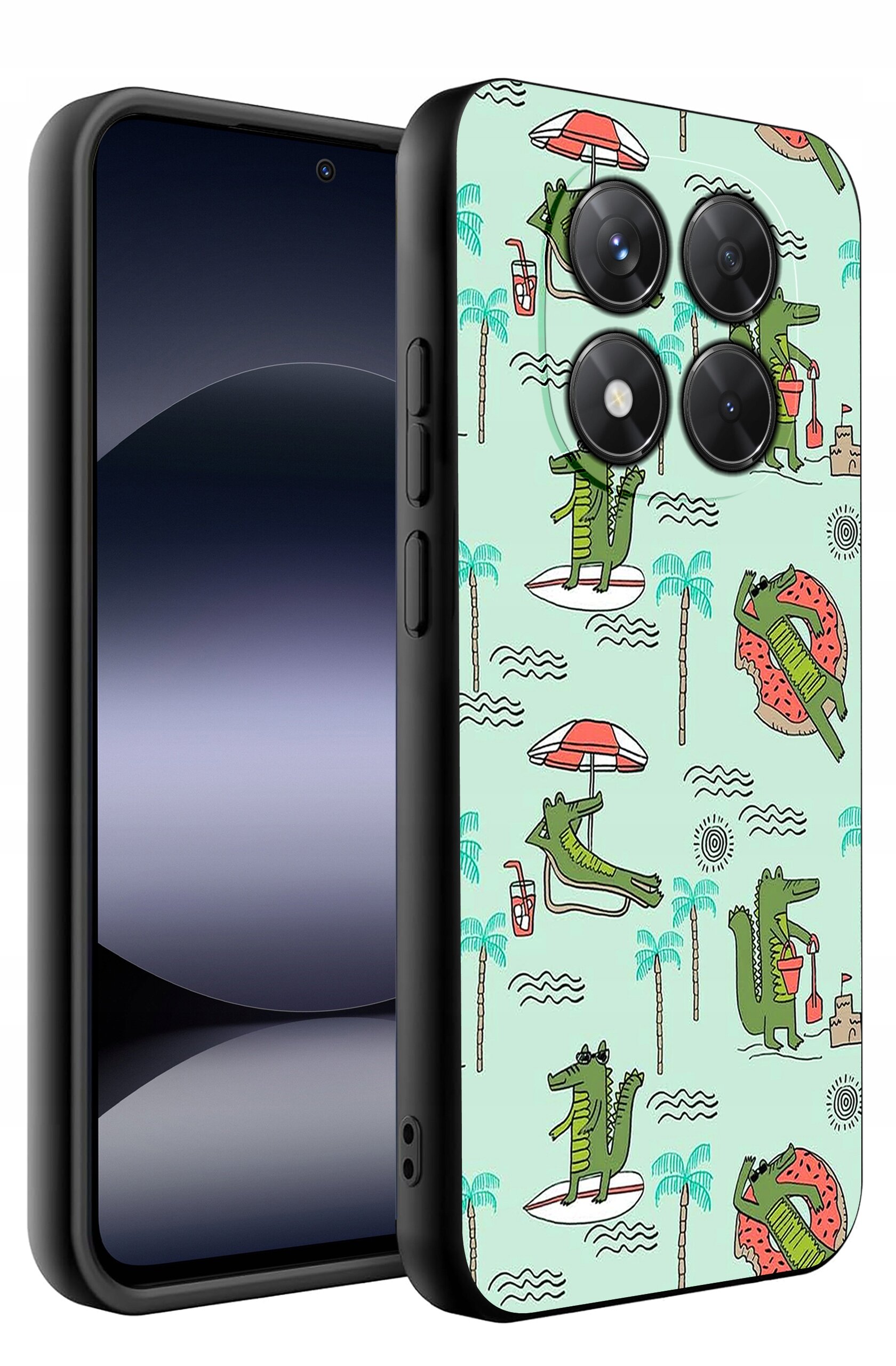 Etui na telefon z kolorowym wzorem przedstawiającym krokodyle, palmy, parasole i arbuzy na jasnym tle. Telefon ma czarną ramkę i widoczny ekran z ciemnym motywem.