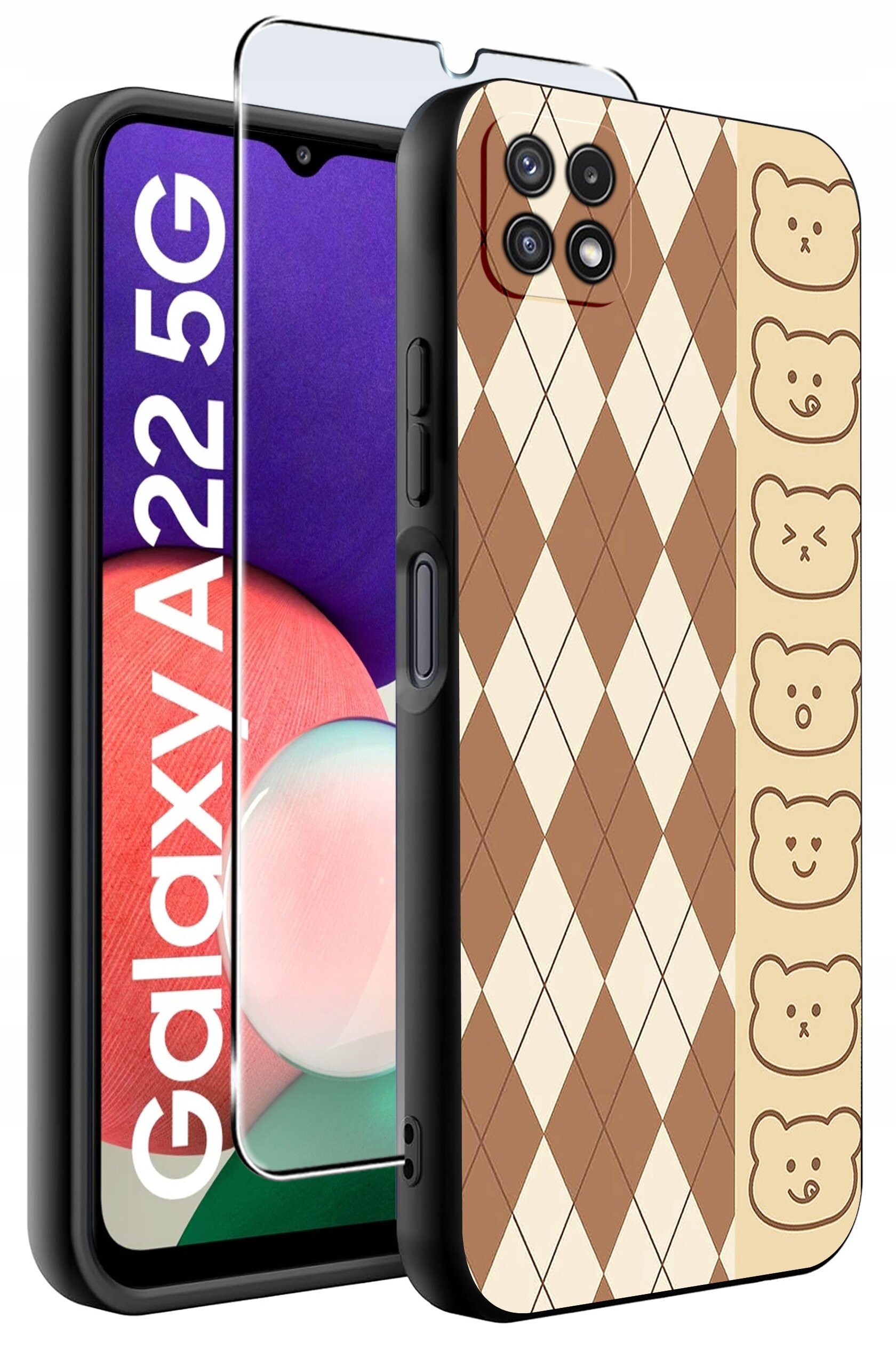Obraz przedstawia etui na telefon z wzorem w romby i rysunkami misiów po jednej stronie. Obok etui znajduje się szkło ochronne, a na ekranie telefonu widoczny jest napis \'Galaxy A22 5G\'.