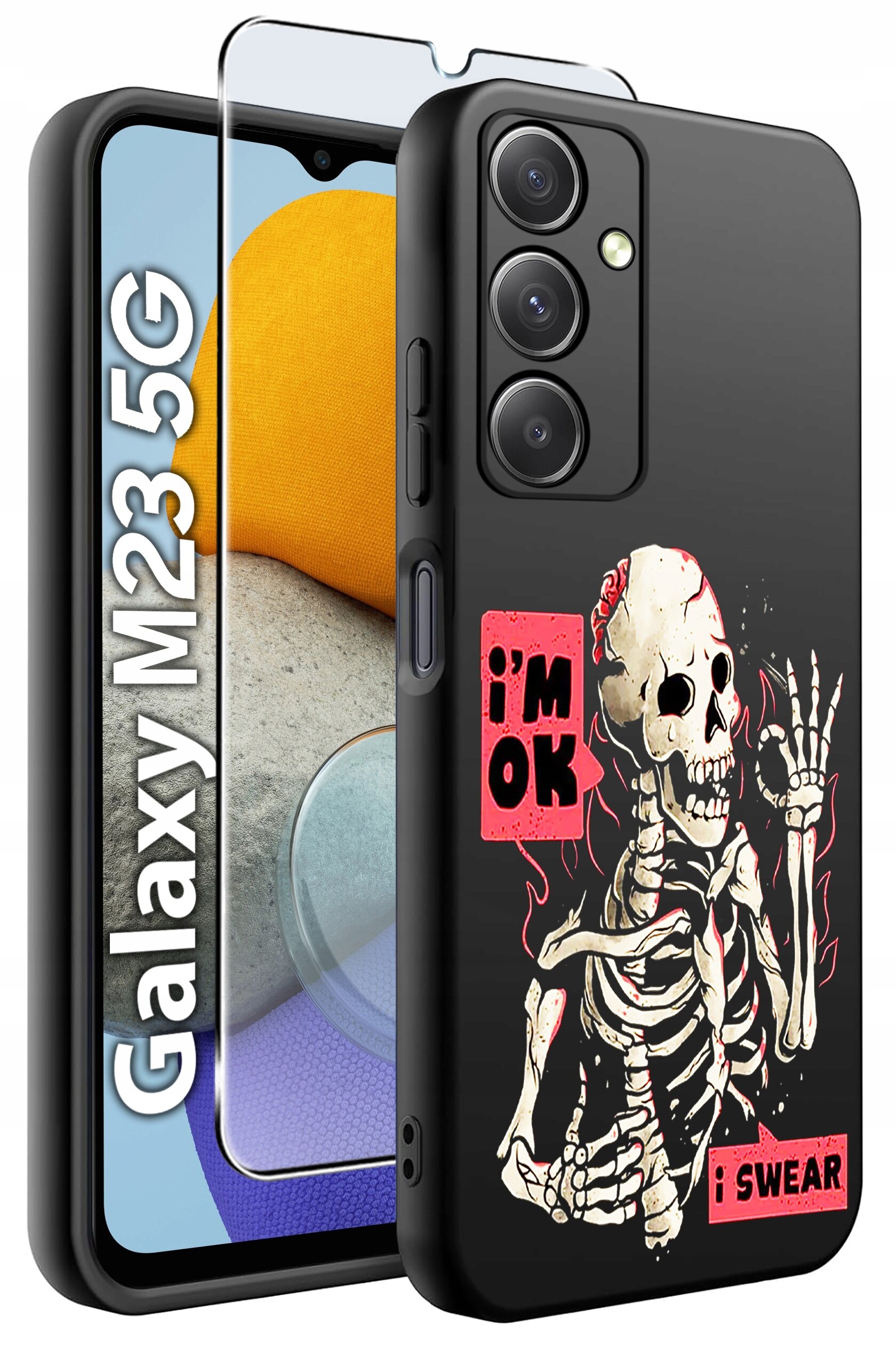 Obraz przedstawia etui na telefon z grafiką szkieletu oraz napisami \'i\'m OK\' i \'i SWEAR\'. Obok etui widoczny jest telefon z napisem \'Galaxy M23 5G\' oraz szkło ochronne.