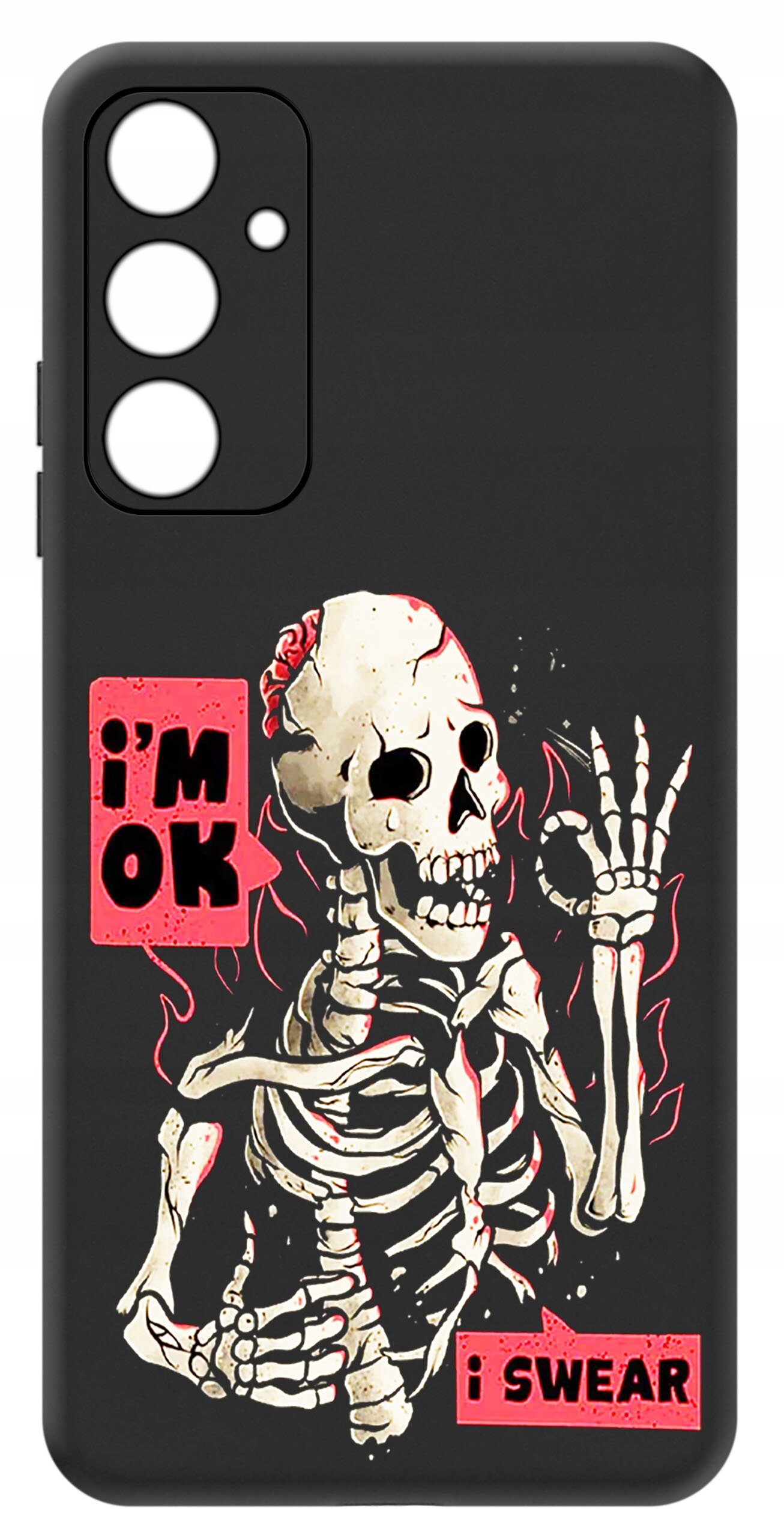 Czarne etui z nadrukiem szkieletu w otoczeniu czerwonych płomieni, z napisami \'i\'m OK\' i \'i SWEAR\'.