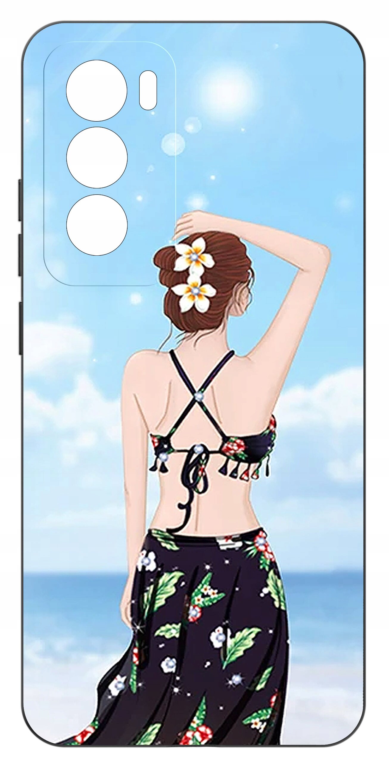 Etui na telefon z grafiką przedstawiającą kobietę w stroju kąpielowym na tle plaży i nieba. Kobieta ma kwiaty we włosach i wzorzystą spódnicę.