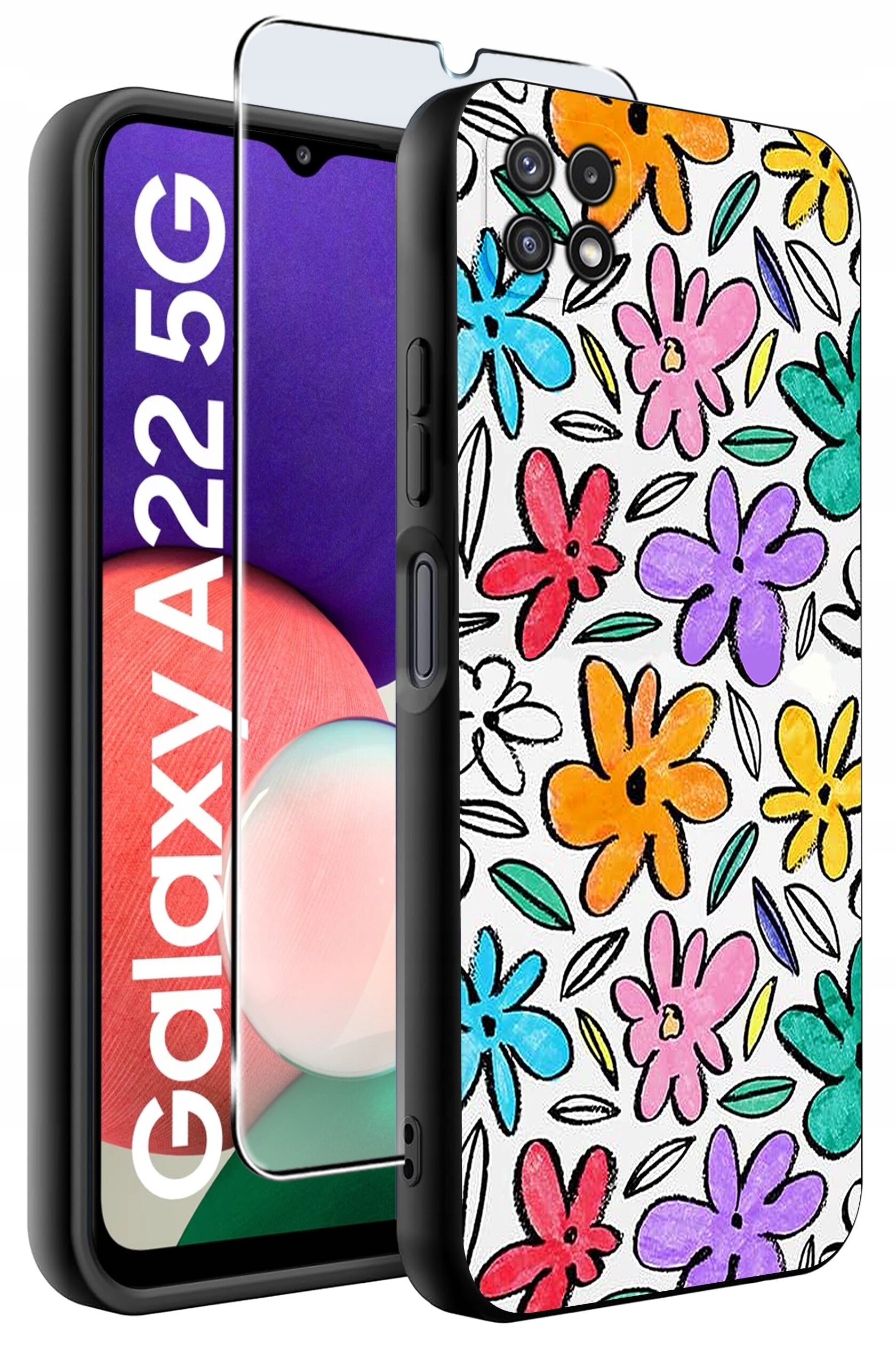 Obraz przedstawia etui na telefon z kolorowym wzorem kwiatów oraz szkło ochronne. Na ekranie telefonu widoczny jest napis \'Galaxy A22 5G\'.
