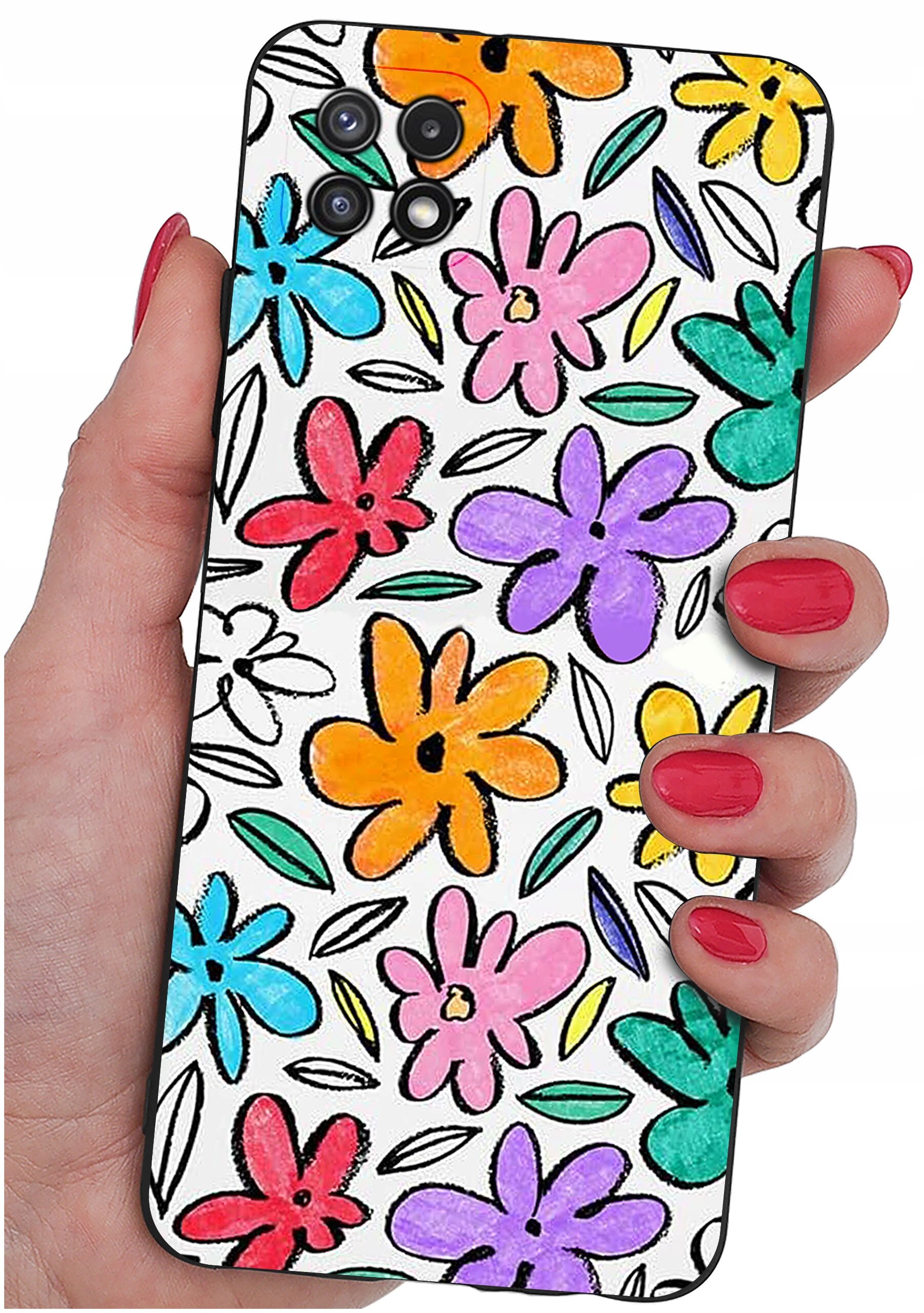 Etui na telefon z kolorowym wzorem kwiatów w odcieniach pomarańczowego, różowego, fioletowego, czerwonego i niebieskiego, trzymane w dłoni z pomalowanymi na czerwono paznokciami.