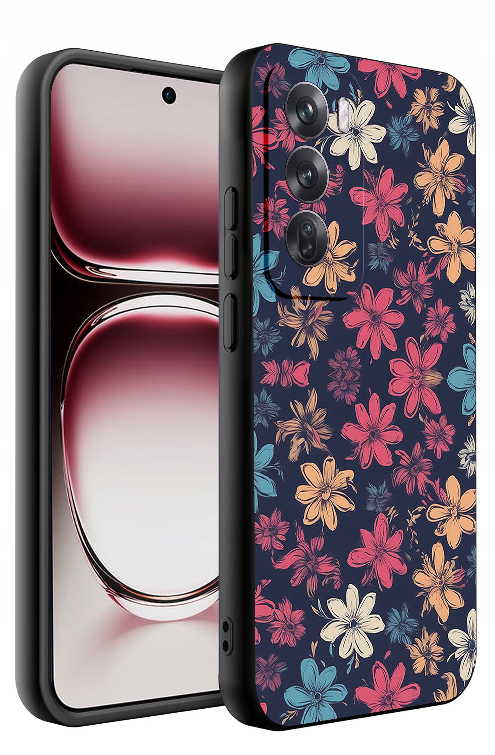 Etui na telefon z kolorowym wzorem kwiatowym na ciemnym tle, z trzema otworami na aparaty. Telefon ma wyświetlacz z gradientem odcieni czerwieni i czerni.