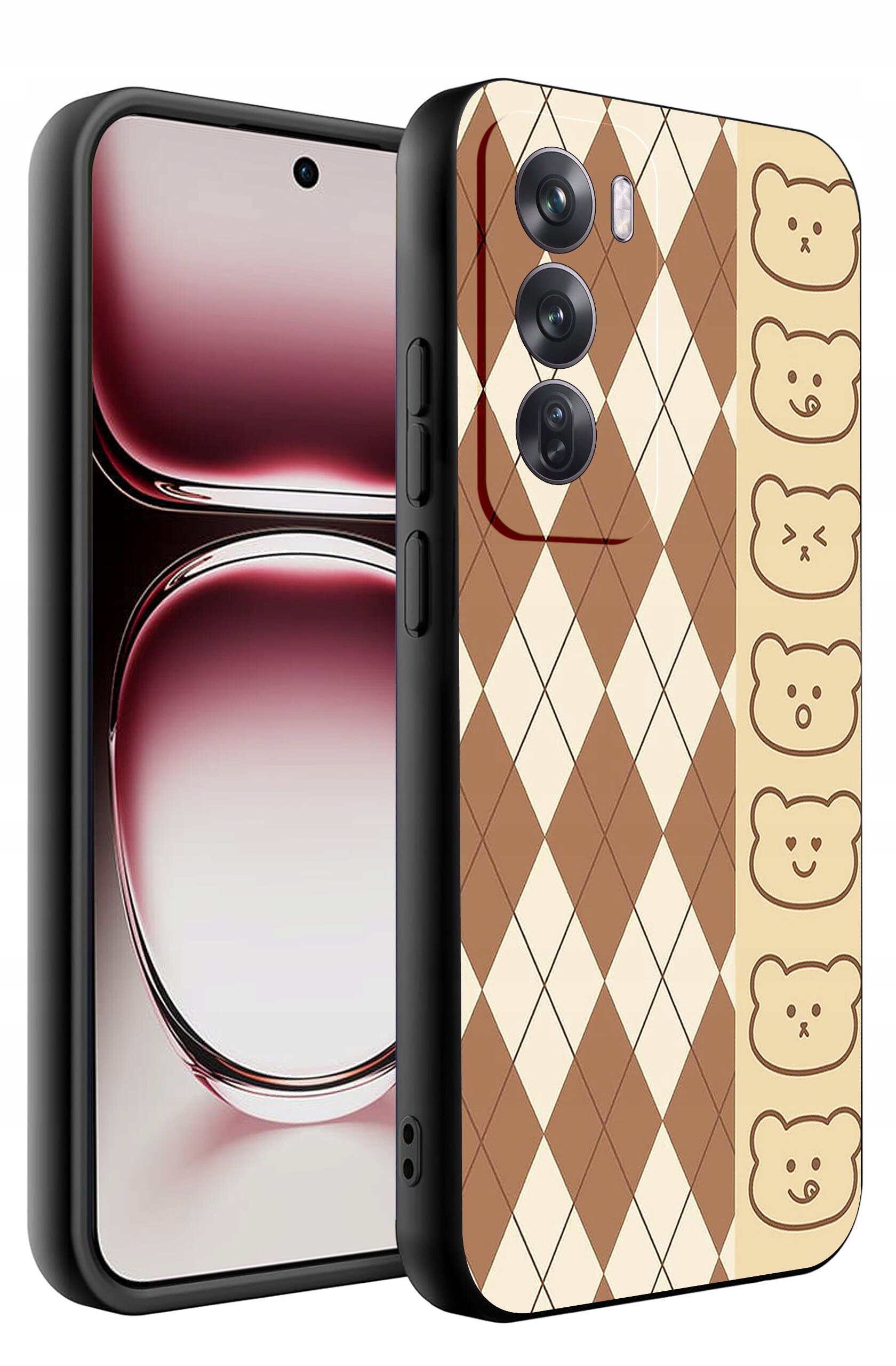 Etui na telefon z wzorem w romby w odcieniach brązu i beżu oraz rzędem rysunkowych twarzy misiów po jednej stronie. Etui jest silikonowe i matowe, przeznaczone do modelu Oppo Reno 12 5G.