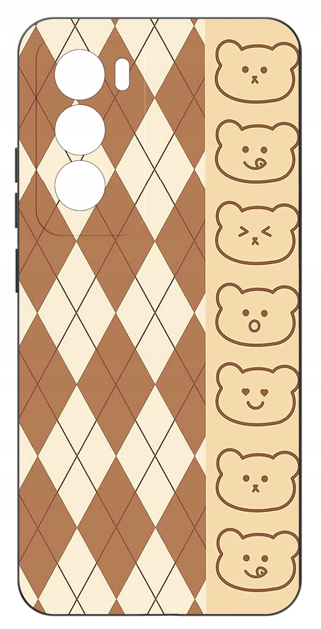 Etui na telefon z wzorem w romby w kolorach brązowym i kremowym oraz rzędem rysunków misiów po prawej stronie.