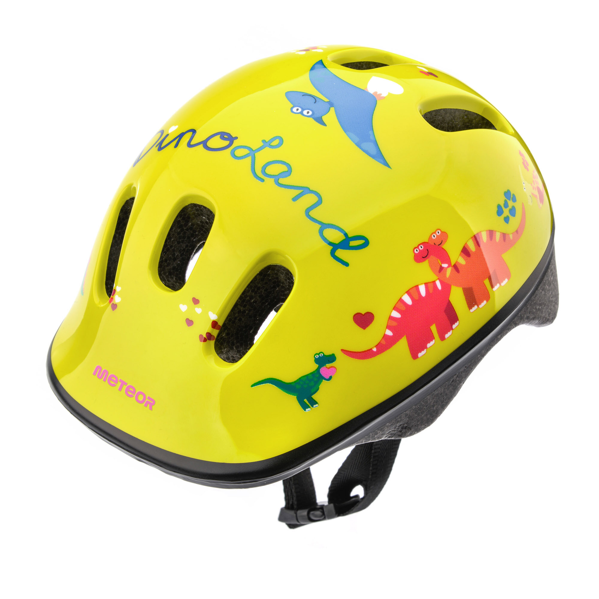 Żółty kask rowerowy z kolorowymi grafikami dinozaurów i napisem \'dinoland\'. Widoczne logo \'METEOR\' na boku kasku.