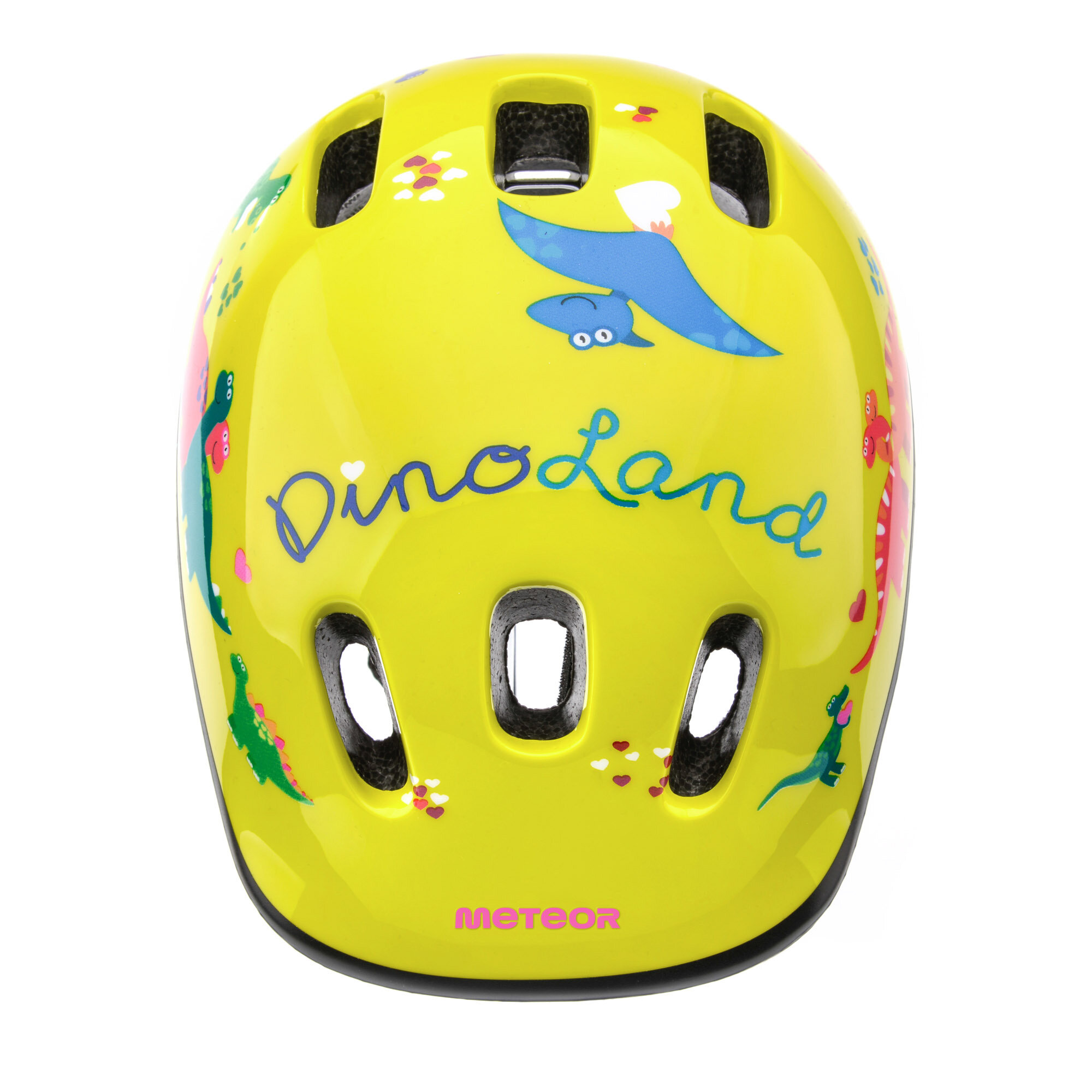Żółty kask rowerowy z napisem \'DinoLand\' i kolorowymi grafikami dinozaurów. Na dole widoczne jest logo \'METEOR\'.